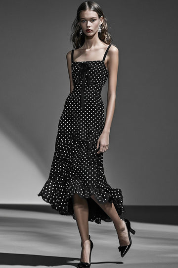 Boho Black and White Chiffon A Line Maxi Polka Dot Dress with Ruffles